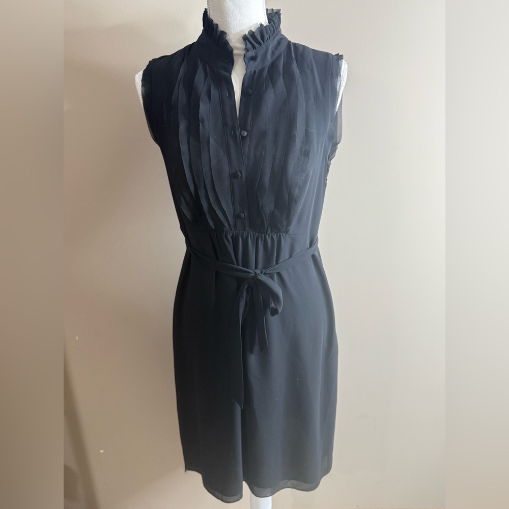 LOFT Black Sleeveless Pleated-Front Midi Dress with Tie Waist